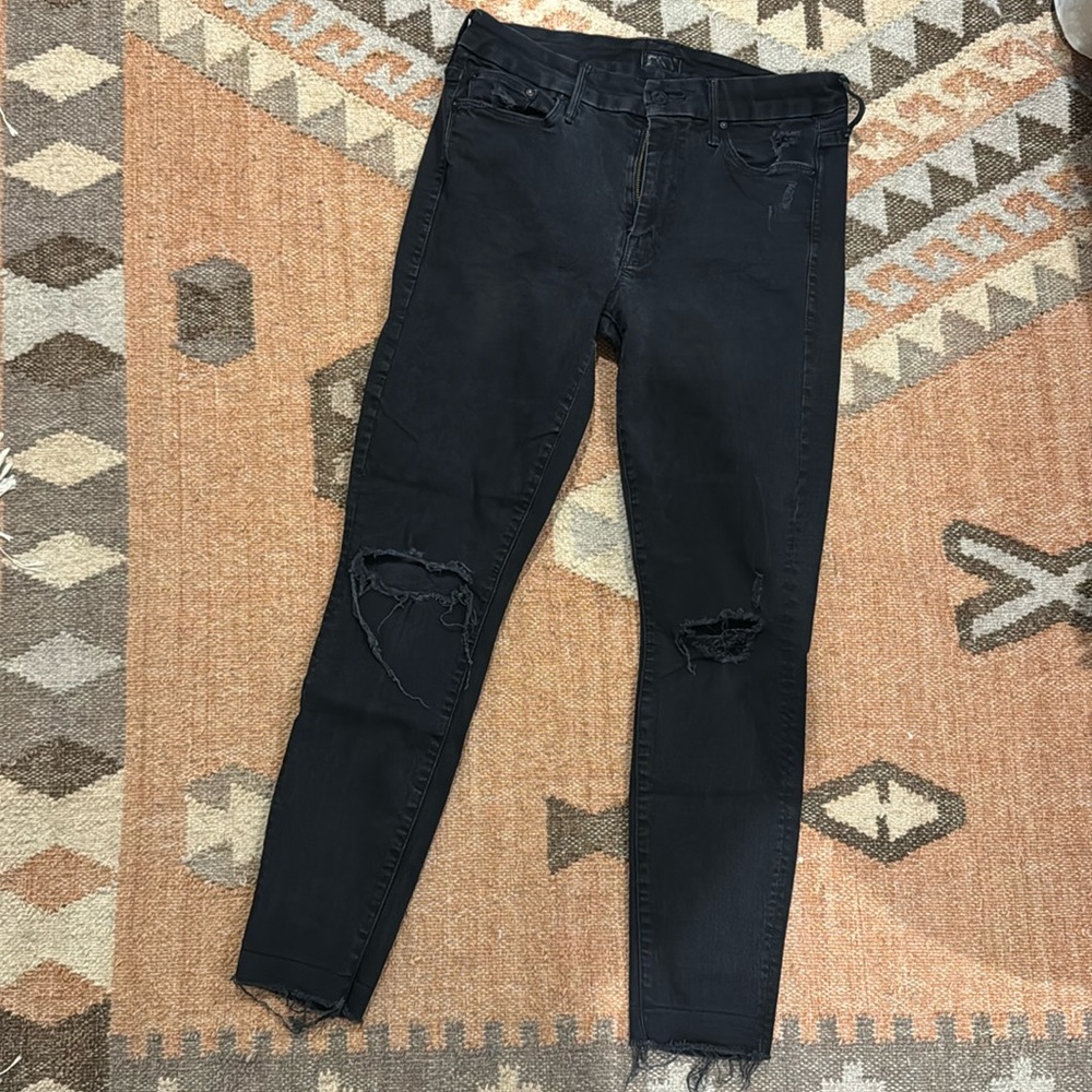 MOTHER Ankle Looker Fray Black Jeans